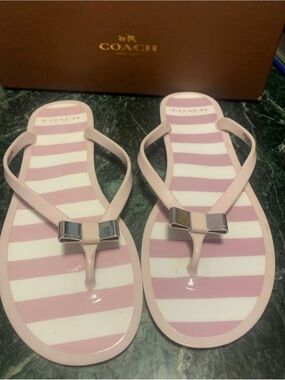 Coach Pink and White Striped Jelly Flip Flops with Bow Accent